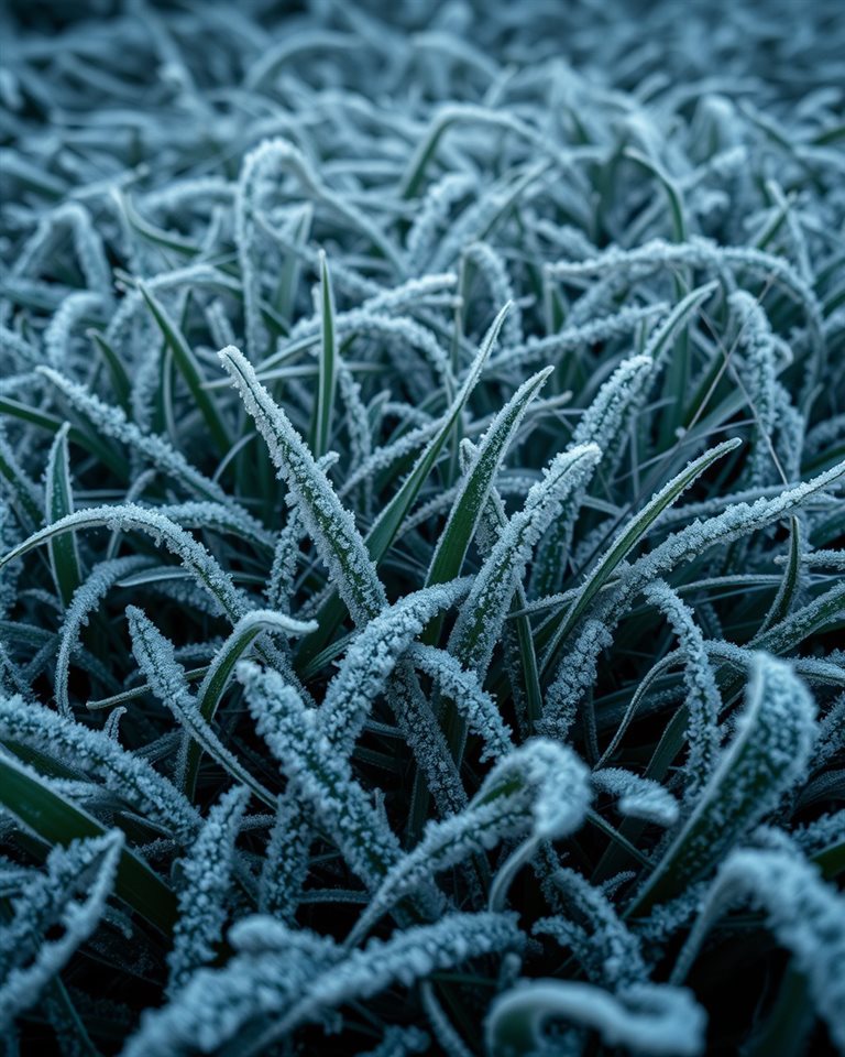 Photorealistic photo of Intricate white frost crystals covering green grass leaves on a cold winter morning, wide shot with open space at the top for text, moody dark tones, dramatic lighting, 4:5 aspect ratio