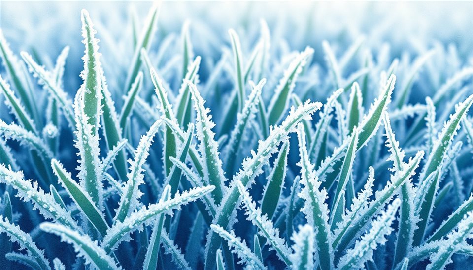 Watercolor illustration of Intricate white frost crystals covering green grass leaves on a cold winter morning, centered subject with a simple uncluttered composition, cool blue tones, quiet atmosphere, 16:9 aspect ratio