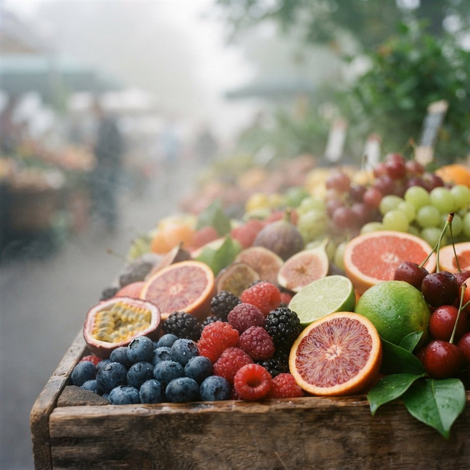 Photorealistic photo of colorful fresh fruits, close-up detail with shallow depth of field, misty morning haze, dreamy, 1:1 aspect ratio