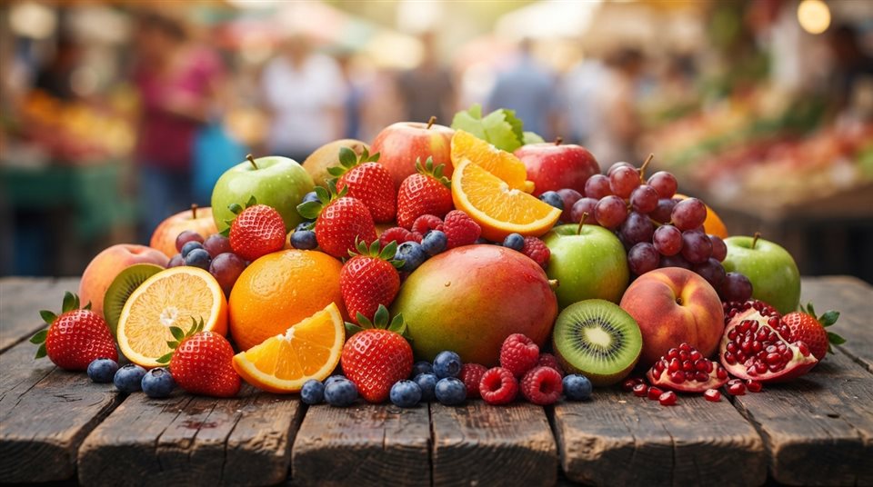 Photorealistic photo of colorful fresh fruits, centered subject with a simple uncluttered composition, vivid colors, high contrast, energetic, 16:9 aspect ratio