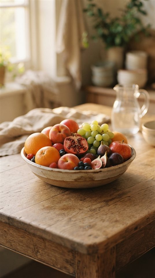 Cinematic film still of colorful fresh fruits, centered subject with a simple uncluttered composition, warm golden light, calm mood, 9:16 aspect ratio