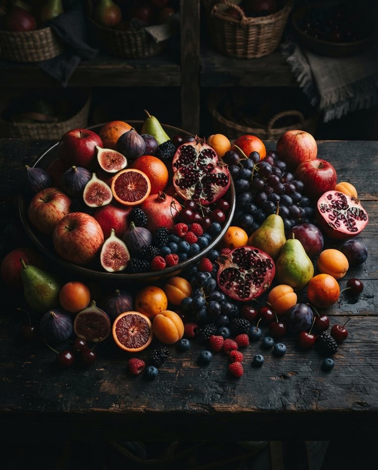 Cinematic film still of colorful fresh fruits, high-angle view from above, moody dark tones, dramatic lighting, 4:5 aspect ratio