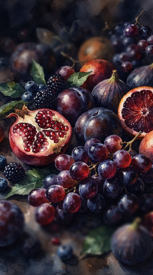 Watercolor illustration of colorful fresh fruits, close-up detail with shallow depth of field, moody dark tones, dramatic lighting, 9:16 aspect ratio