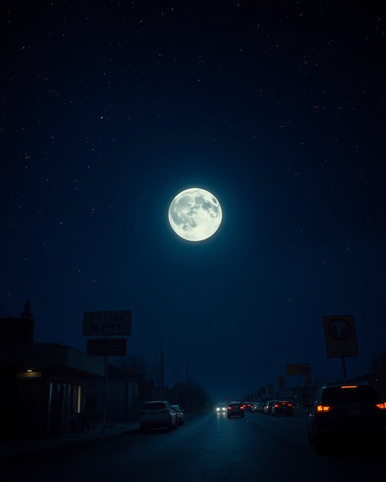Cinematic film still of A glowing bright full moon shining in a dark indigo night sky filled with distant stars, wide shot with open space at the top for text, vivid colors, high contrast, energetic, 4:5 aspect ratio
