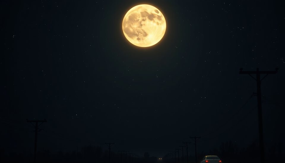 Photorealistic photo of A glowing bright full moon shining in a dark indigo night sky filled with distant stars, high-angle view from above, warm golden light, calm mood, 16:9 aspect ratio