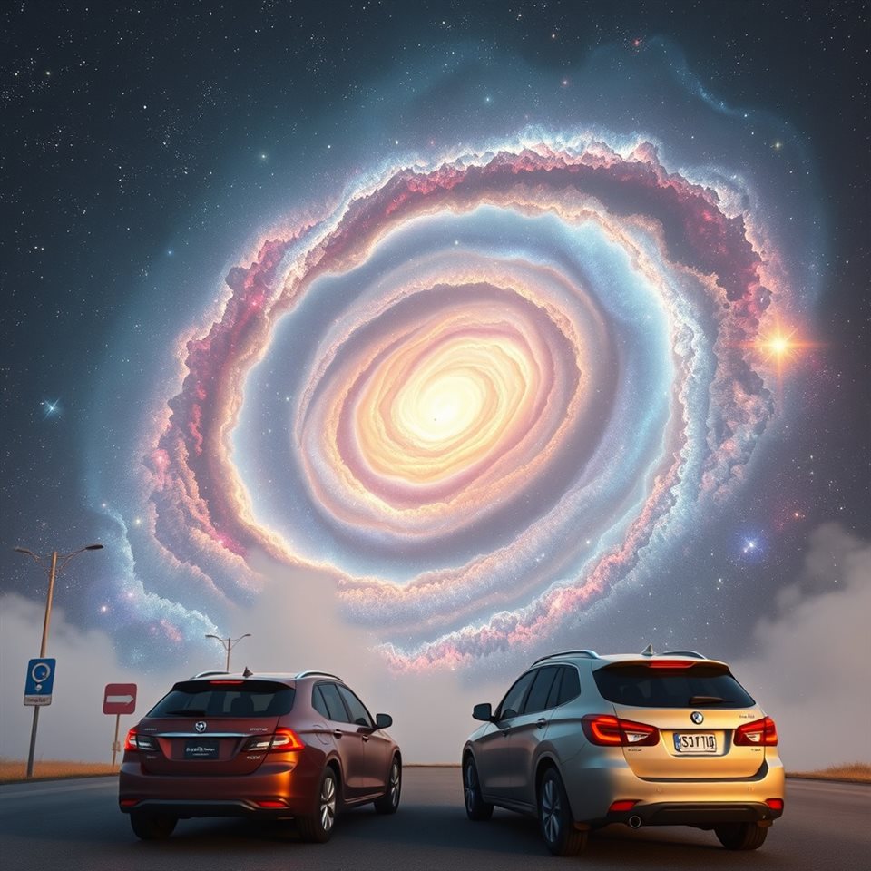 Soft 3D render of A breathtaking cosmic view of a colorful spiral galaxy with swirling stars and nebulas, wide shot with open space at the top for text, misty morning haze, dreamy, 1:1 aspect ratio