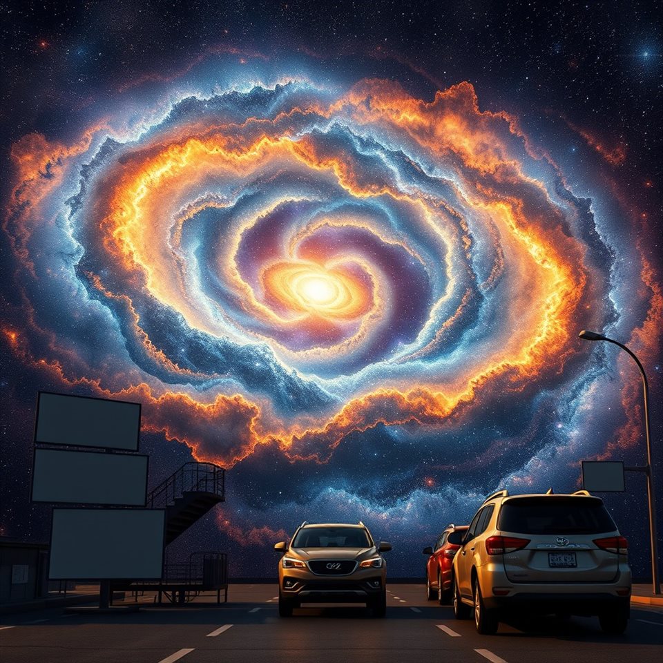 Photorealistic photo of A breathtaking cosmic view of a colorful spiral galaxy with swirling stars and nebulas, wide shot with open space at the top for text, warm golden light, calm mood, 1:1 aspect ratio