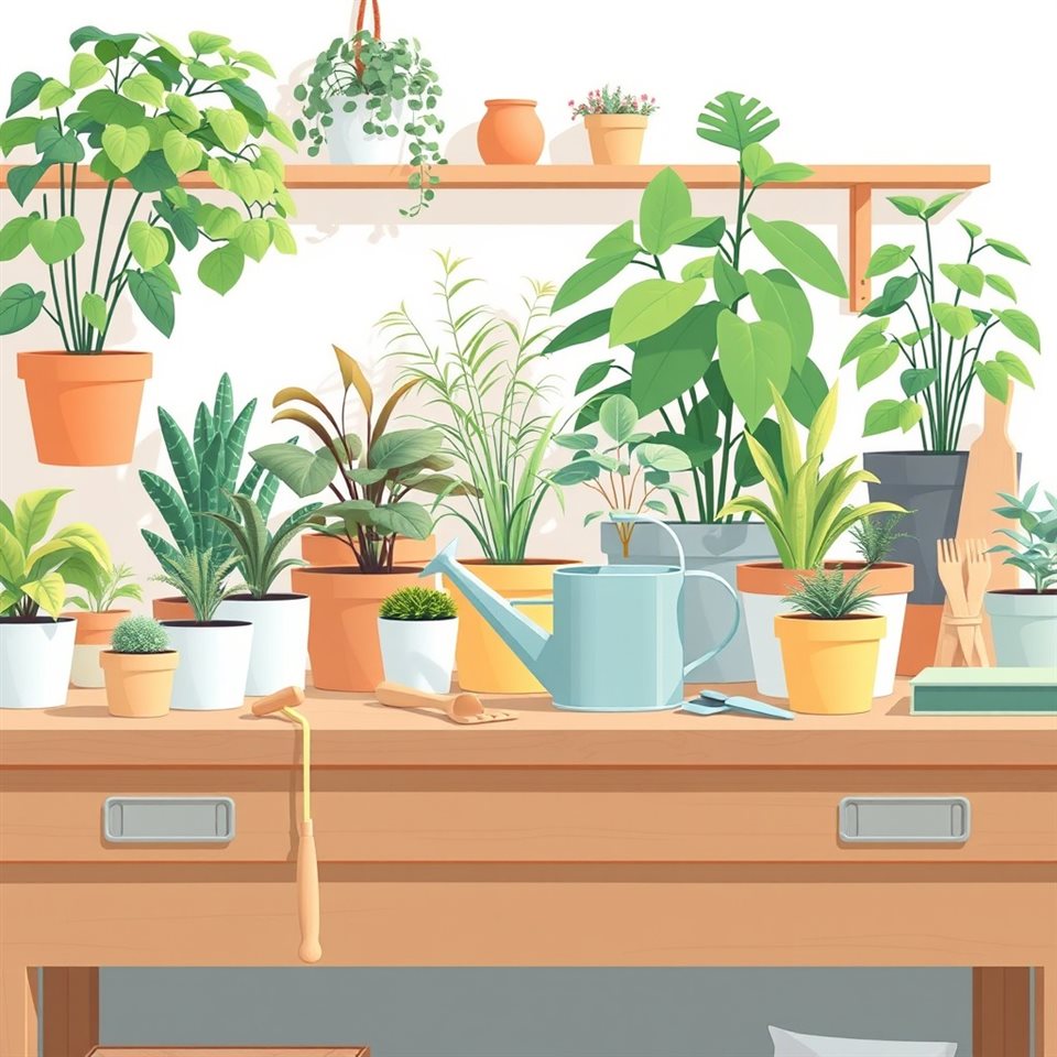 Minimal flat illustration of Various potted houseplants, a small watering can, and gardening tools neatly arranged on a wooden workbench., close-up detail with shallow depth of field, soft pastel colors, bright and cozy, 1:1 aspect ratio