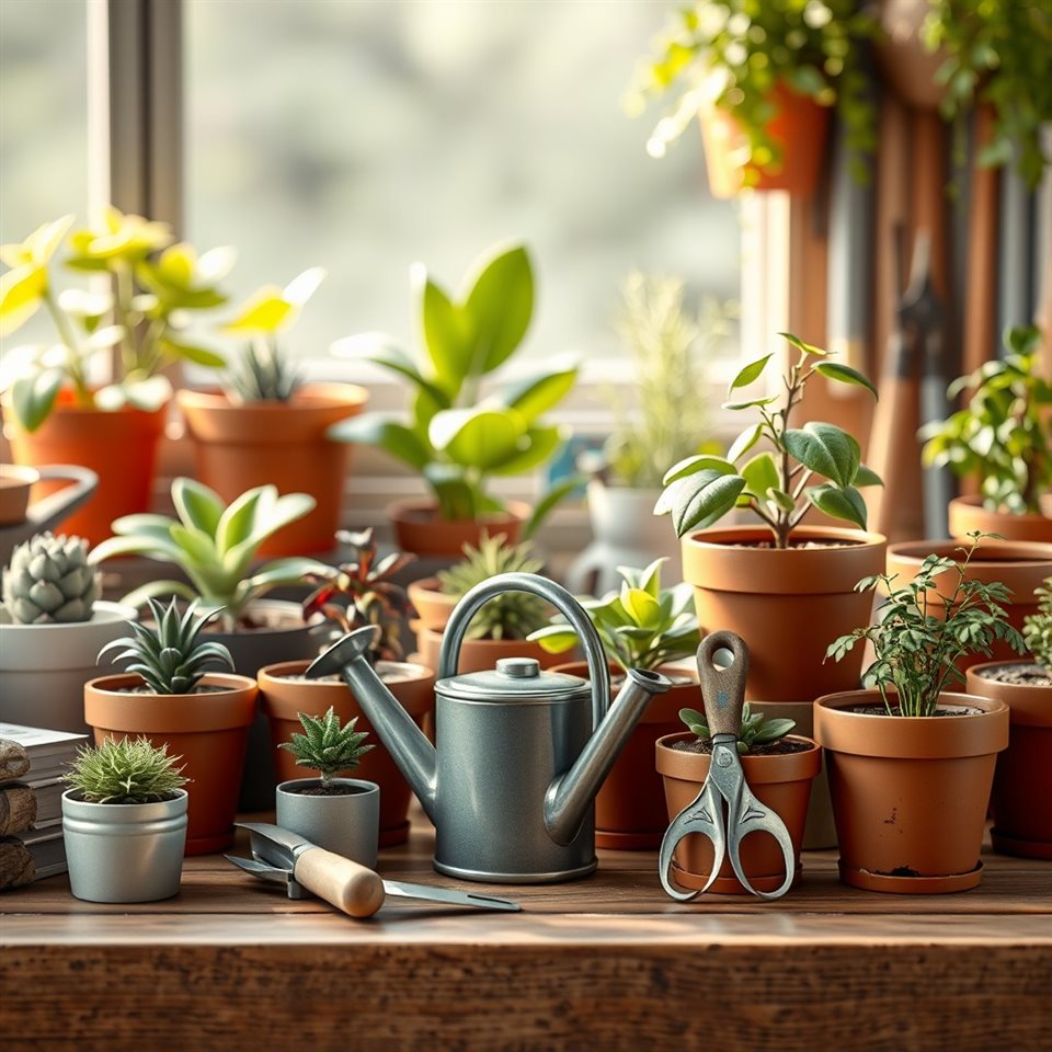 Soft 3D render of Various potted houseplants, a small watering can, and gardening tools neatly arranged on a wooden workbench., close-up detail with shallow depth of field, misty morning haze, dreamy, 1:1 aspect ratio