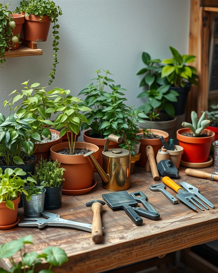 Cinematic film still of Various potted houseplants, a small watering can, and gardening tools neatly arranged on a wooden workbench., wide shot with open space at the top for text, vivid colors, high contrast, energetic, 4:5 aspect ratio