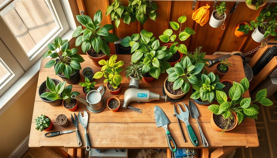 Photorealistic photo of Various potted houseplants, a small watering can, and gardening tools neatly arranged on a wooden workbench., high-angle view from above, warm golden light, calm mood, 16:9 aspect ratio