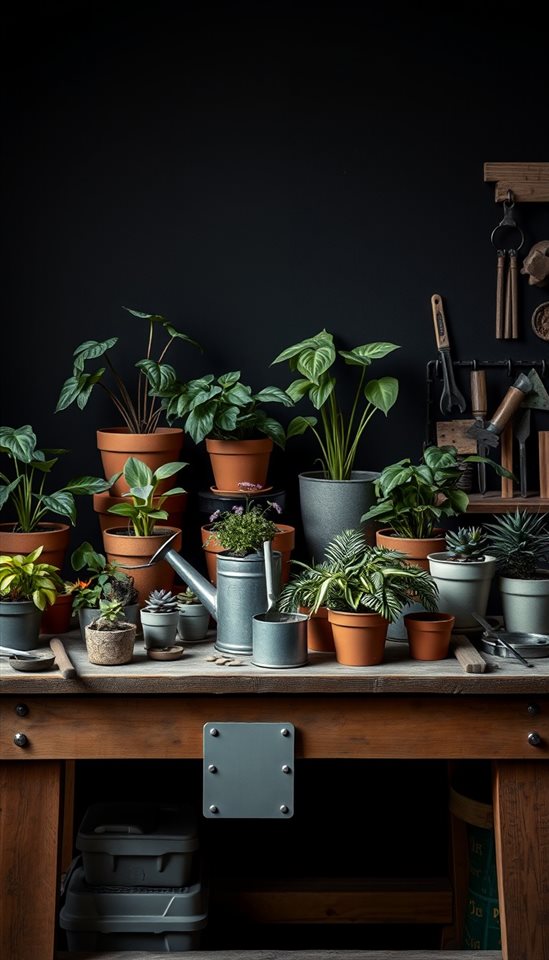 Photorealistic photo of Various potted houseplants, a small watering can, and gardening tools neatly arranged on a wooden workbench., centered subject with a simple uncluttered composition, moody dark tones, dramatic lighting, 9:16 aspect ratio