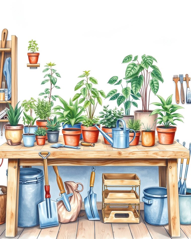 Watercolor illustration of Various potted houseplants, a small watering can, and gardening tools neatly arranged on a wooden workbench., wide shot with open space at the top for text, cool blue tones, quiet atmosphere, 4:5 aspect ratio