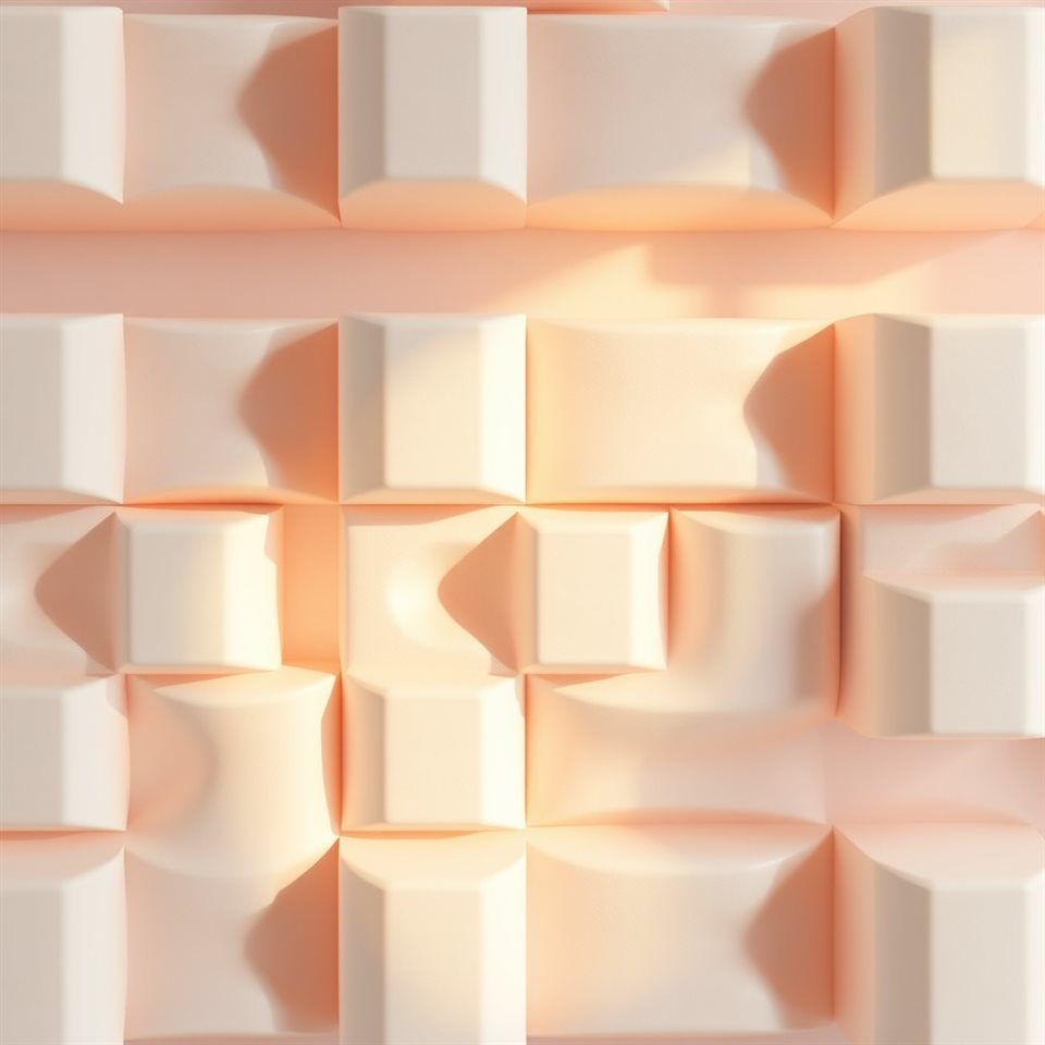 Soft 3D render of A clean modern geometric pattern with repeating abstract shapes in soft pastel colors, close-up detail with shallow depth of field, misty morning haze, dreamy, 1:1 aspect ratio