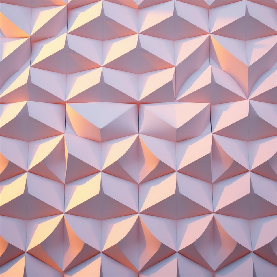 Photorealistic photo of A clean modern geometric pattern with repeating abstract shapes in soft pastel colors, close-up detail with shallow depth of field, warm golden light, calm mood, 1:1 aspect ratio