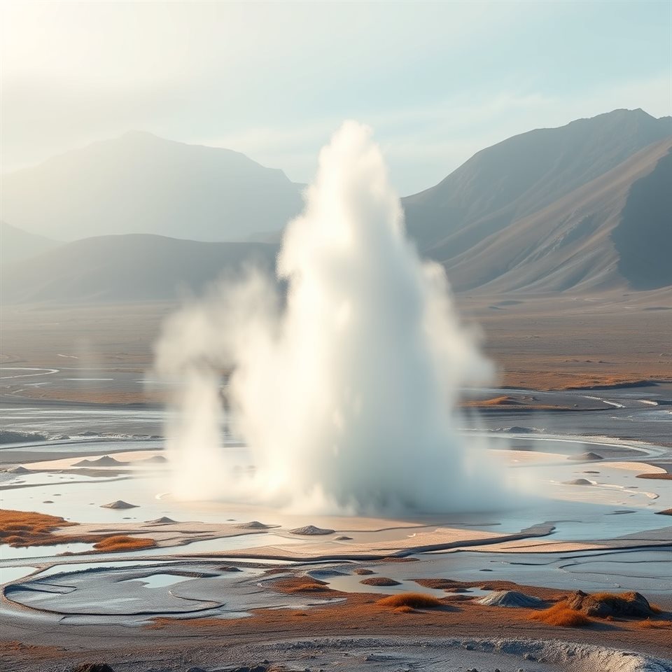 Soft 3D render of a natural hot water geyser erupting powerfully in a remote volcanic landscape, wide shot with open space at the top for text, misty morning haze, dreamy, 1:1 aspect ratio