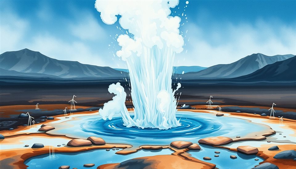 Watercolor illustration of a natural hot water geyser erupting powerfully in a remote volcanic landscape, close-up detail with shallow depth of field, cool blue tones, quiet atmosphere, 16:9 aspect ratio