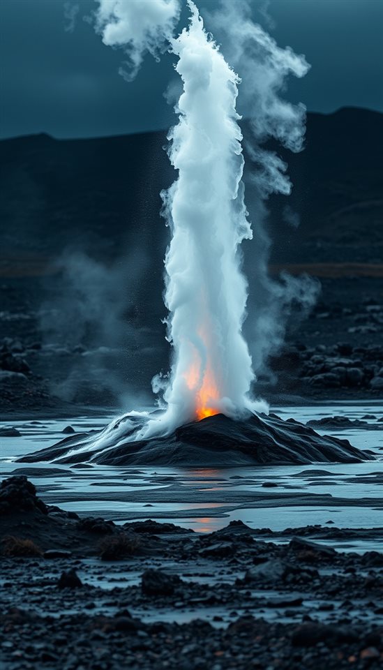 Photorealistic photo of a natural hot water geyser erupting powerfully in a remote volcanic landscape, close-up detail with shallow depth of field, moody dark tones, dramatic lighting, 9:16 aspect ratio