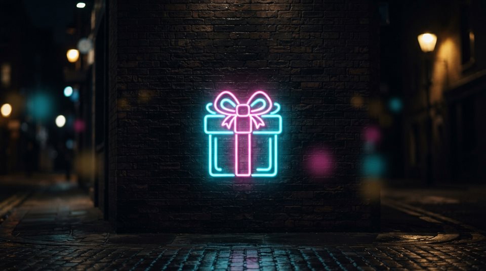 Photorealistic photo of Neon glowing gift box icon with bright pink and cyan lights against a dark background, wide shot with open space at the top for text, warm golden light, calm mood, 16:9 aspect ratio