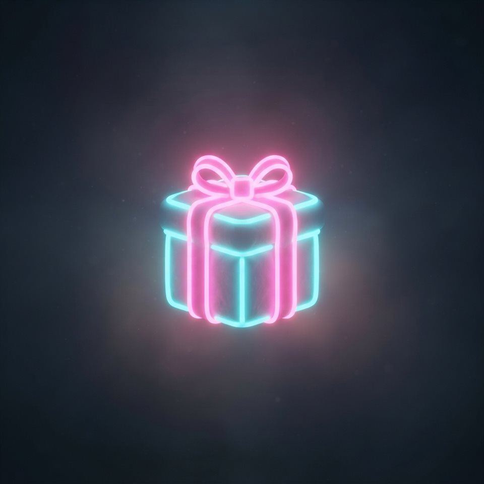 Soft 3D render of Neon glowing gift box icon with bright pink and cyan lights against a dark background, centered subject with a simple uncluttered composition, misty morning haze, dreamy, 1:1 aspect ratio