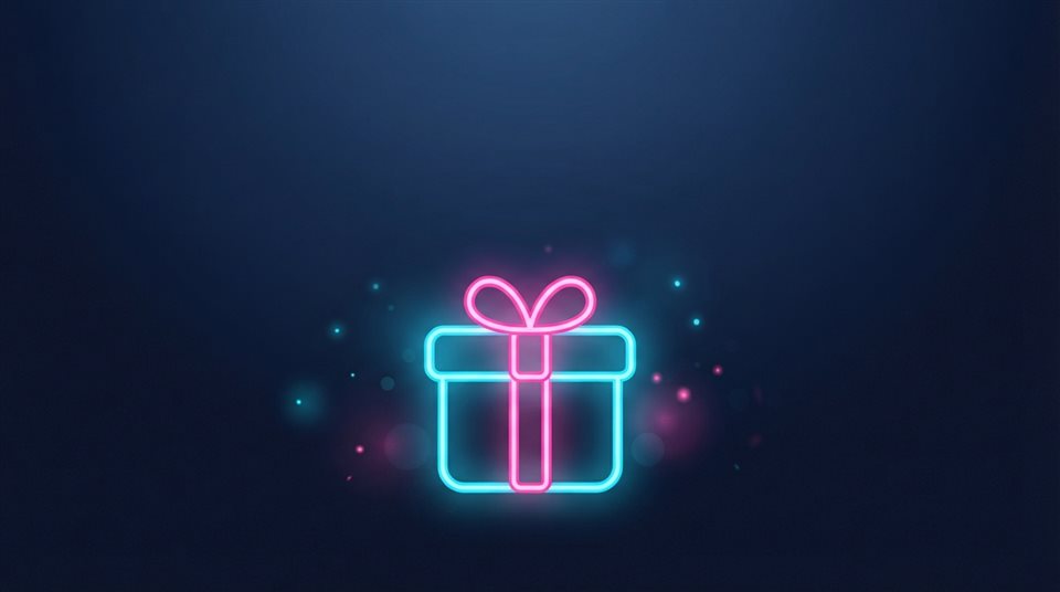 Minimal flat illustration of Neon glowing gift box icon with bright pink and cyan lights against a dark background, wide shot with open space at the top for text, soft pastel colors, bright and cozy, 16:9 aspect ratio