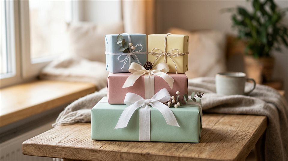 Foto fotorrealista de cajas de regalo envueltas con cintas, sujeto centrado con una composición simple y despejada, colores pastel suaves, brillante y acogedor, relación de aspecto 16:9