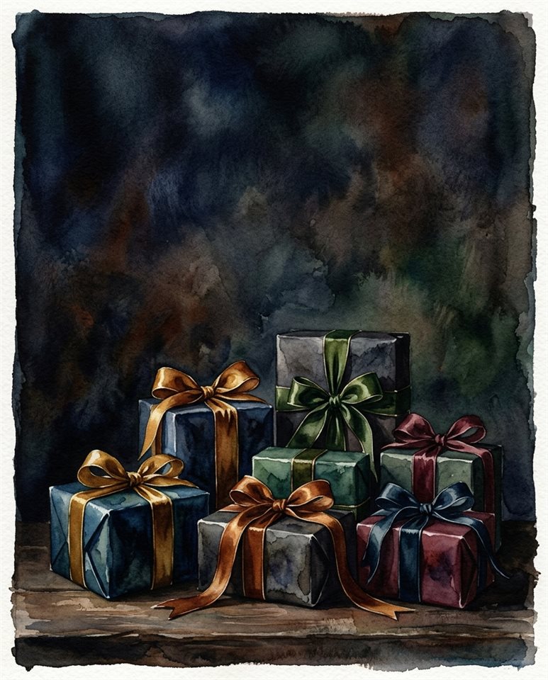 Ilustração em aquarela de caixas de presente embrulhadas com fitas, tomada ampla com espaço aberto no topo para texto, tons escuros melancólicos, iluminação dramática, proporção 4:5