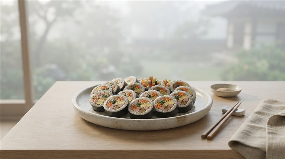 Soft 3D render of sliced gimbap rolls arranged on a plate, centered subject with a simple uncluttered composition, misty morning haze, dreamy, 16:9 aspect ratio