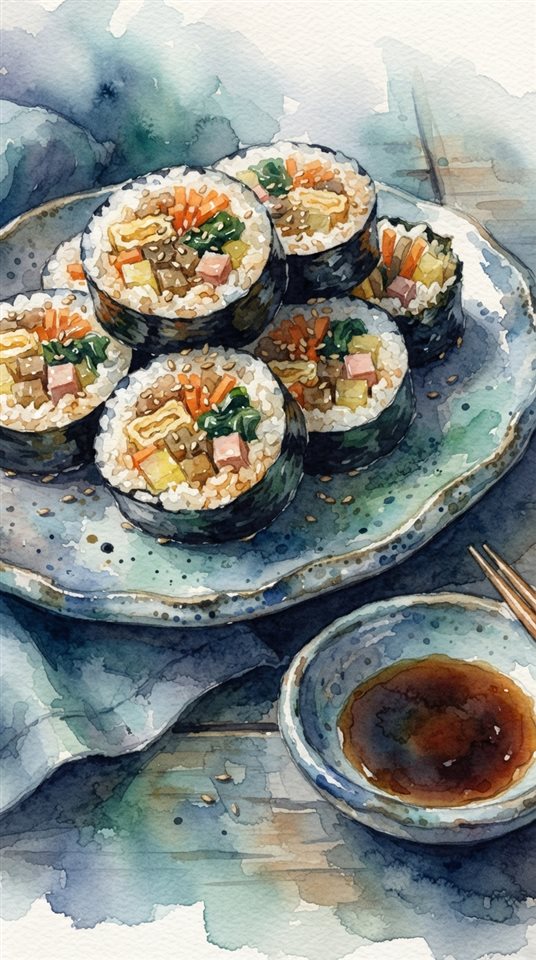 Watercolor illustration of sliced gimbap rolls arranged on a plate, close-up detail with shallow depth of field, cool blue tones, quiet atmosphere, 9:16 aspect ratio