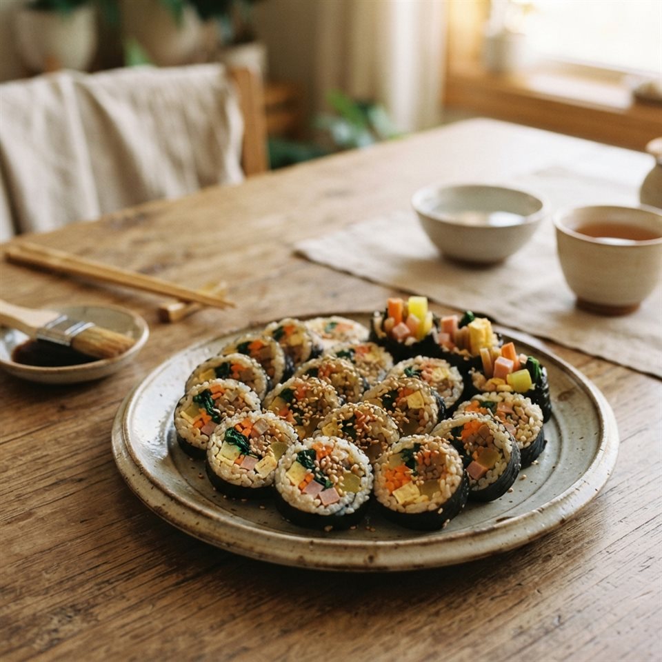 Photorealistic photo of sliced gimbap rolls arranged on a plate, wide shot with open space at the top for text, warm golden light, calm mood, 1:1 aspect ratio