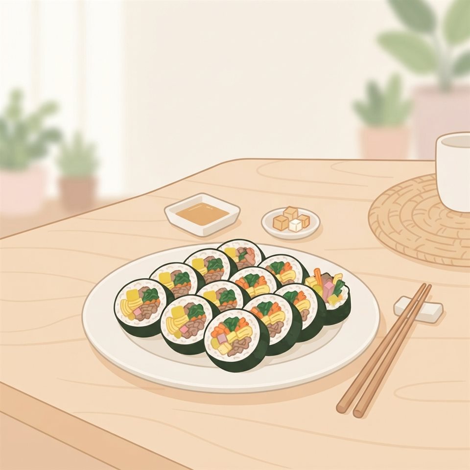 Minimal flat illustration of sliced gimbap rolls arranged on a plate, wide shot with open space at the top for text, soft pastel colors, bright and cozy, 1:1 aspect ratio