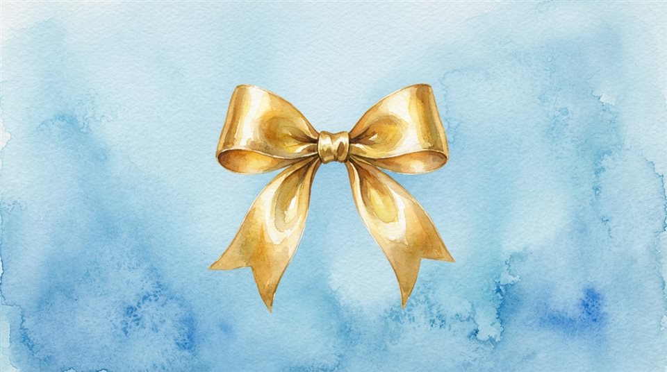 Watercolor illustration of A shiny golden ribbon on a clean background, elegant and celebratory design element, centered subject with a simple uncluttered composition, cool blue tones, quiet atmosphere, 16:9 aspect ratio