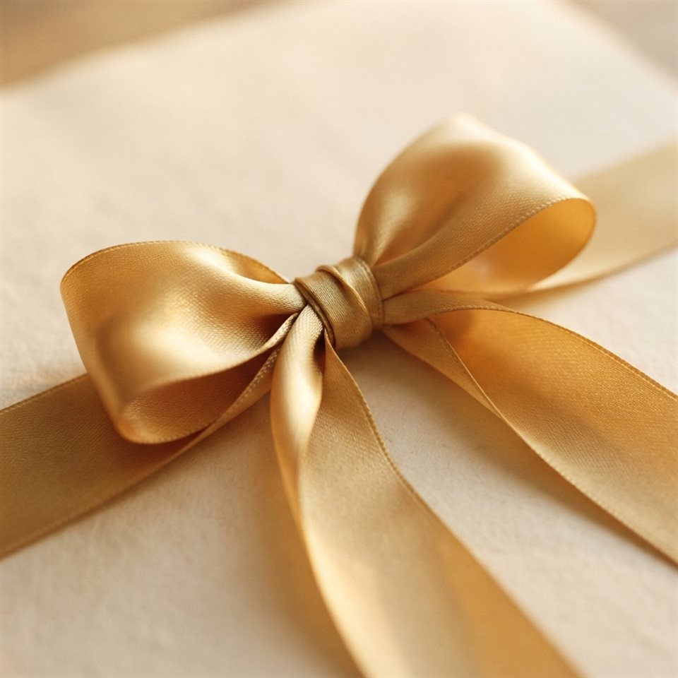 Photorealistic photo of A shiny golden ribbon on a clean background, elegant and celebratory design element, close-up detail with shallow depth of field, warm golden light, calm mood, 1:1 aspect ratio