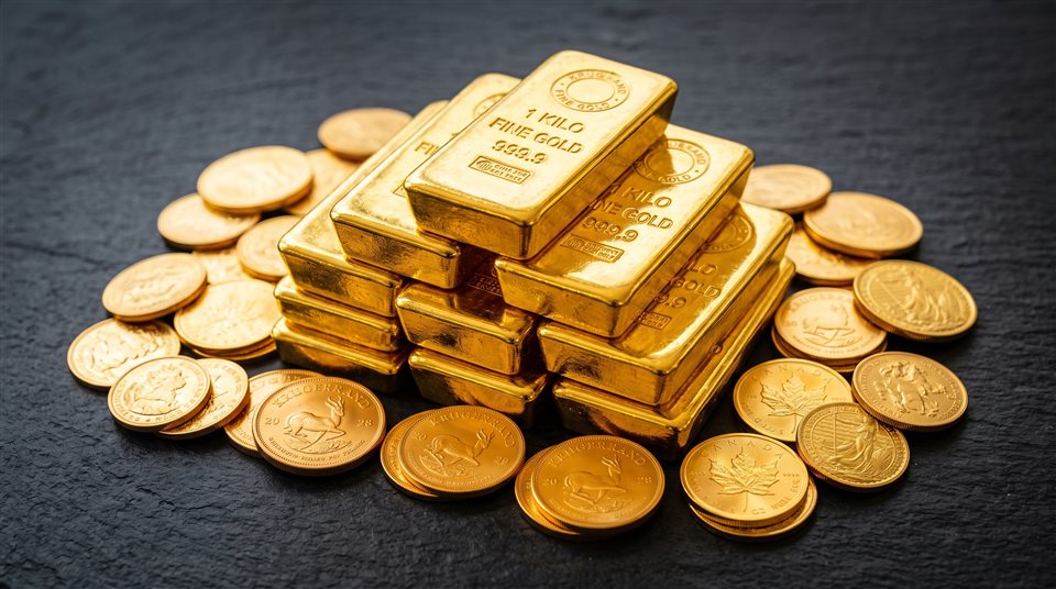Foto fotorrealista de barras e moedas de ouro, assunto centralizado com uma composição simples e organizada, cores vívidas, alto contraste, enérgico, proporção 16:9