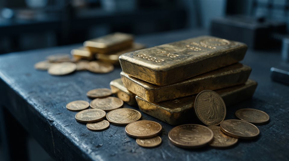 金磚與金幣的電影劇照，淺景深特寫細節，冷藍色調，寧靜氣氛，16:9比例