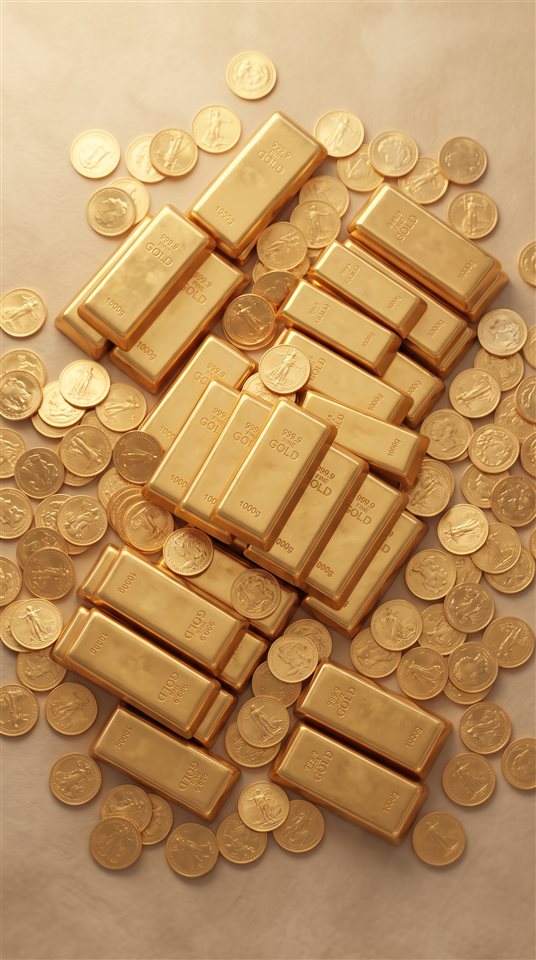 金磚與金幣的柔和3D彩現，俯視視角，溫暖金黃光線，平靜氛圍，9:16比例