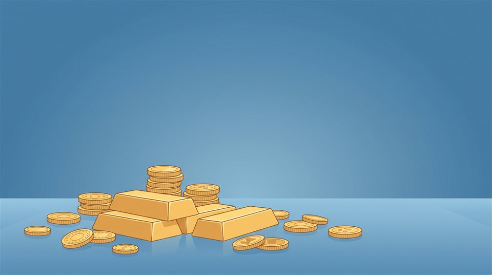 Ilustração plana minimalista de barras e moedas de ouro, plano aberto com espaço livre no topo para texto, tons de azul frios, atmosfera tranquila, proporção 16:9