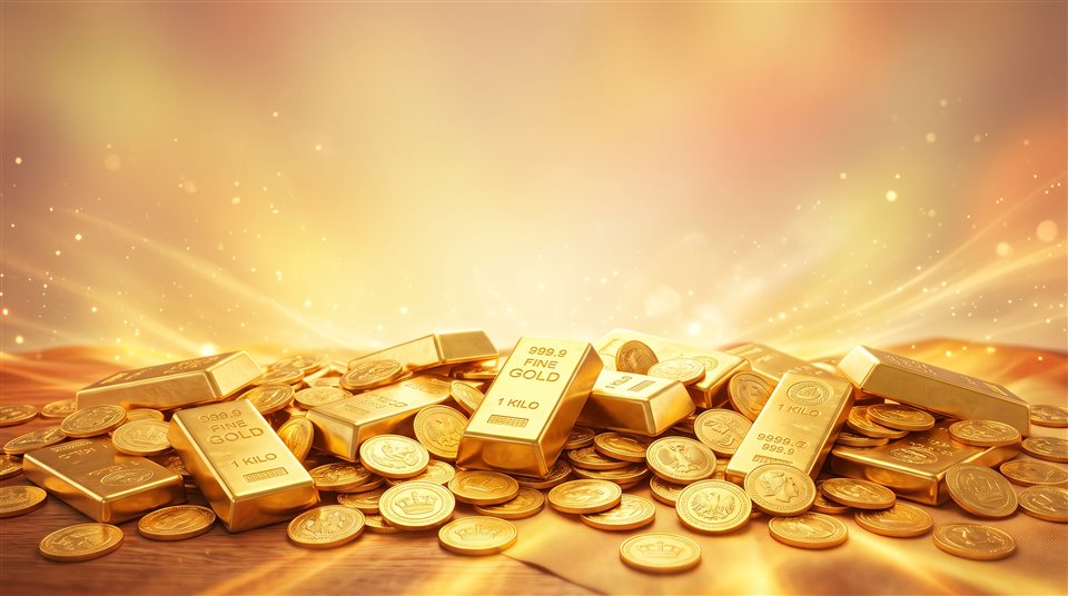 Renderização 3D suave de barras e moedas de ouro, plano aberto com espaço livre na parte superior para texto, cores vívidas, alto contraste, enérgico, proporção 16:9