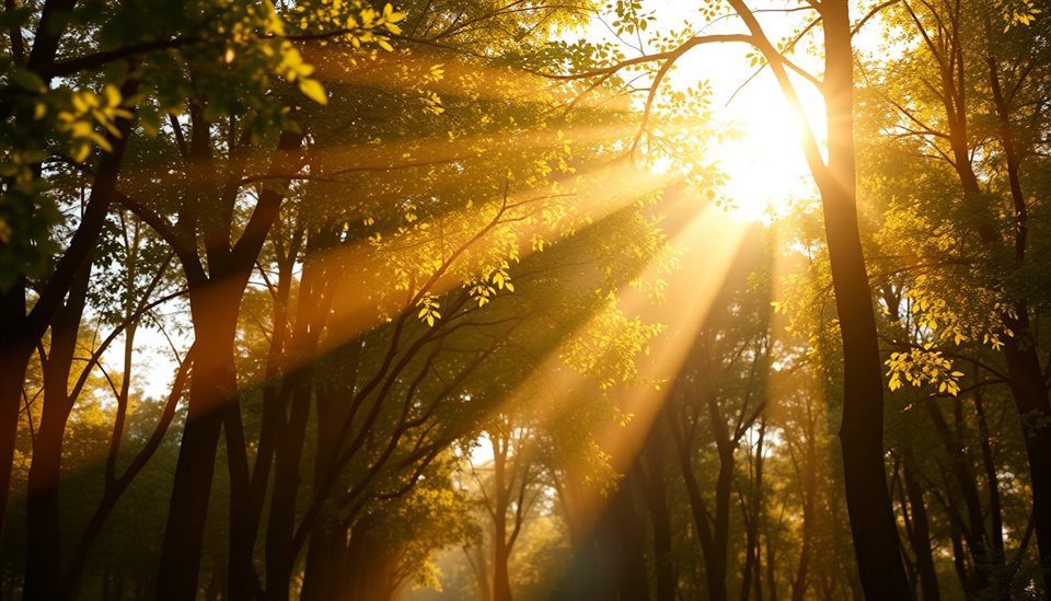 Soft 3D render of Warm golden sunlight filtering through a peaceful forest canopy during late afternoon, close-up detail with shallow depth of field, misty morning haze, dreamy, 16:9 aspect ratio