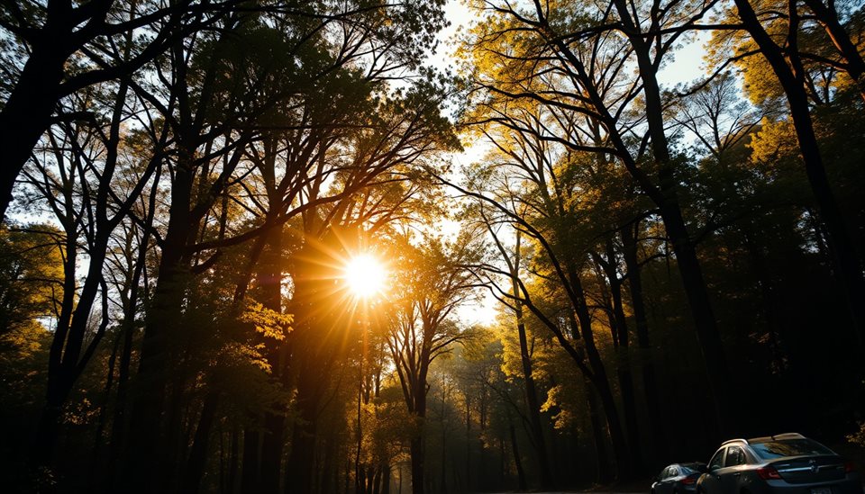 Cinematic film still of Warm golden sunlight filtering through a peaceful forest canopy during late afternoon, wide shot with open space at the top for text, vivid colors, high contrast, energetic, 16:9 aspect ratio