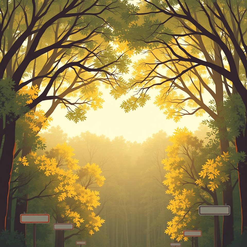 Minimal flat illustration of Warm golden sunlight filtering through a peaceful forest canopy during late afternoon, high-angle view from above, soft pastel colors, bright and cozy, 1:1 aspect ratio