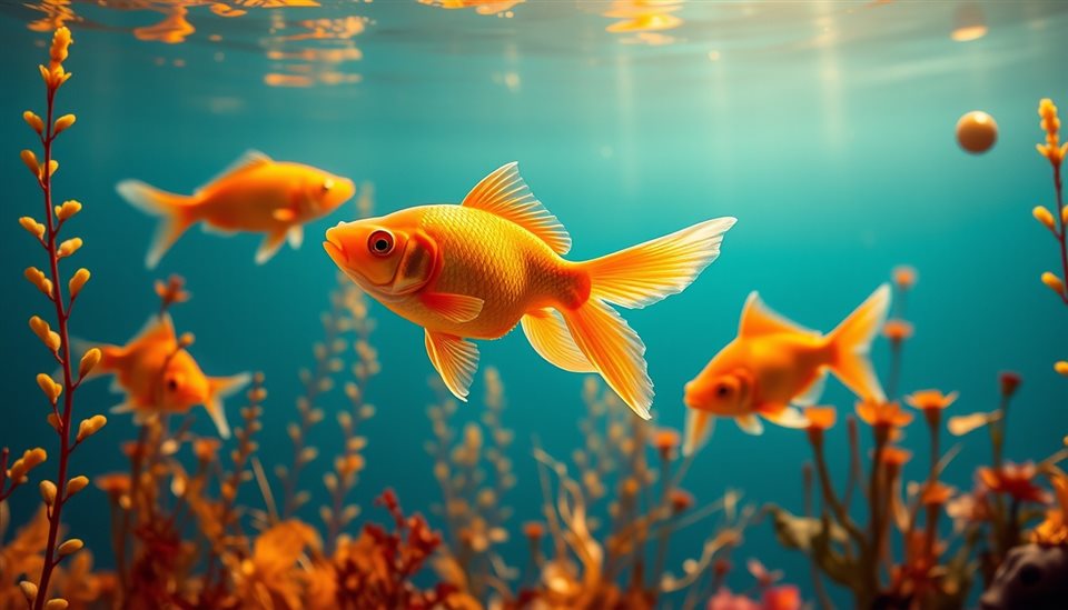 Photorealistic photo of Bright orange goldfish swimming gracefully in clear blue water with aquatic plants, wide shot with open space at the top for text, warm golden light, calm mood, 16:9 aspect ratio