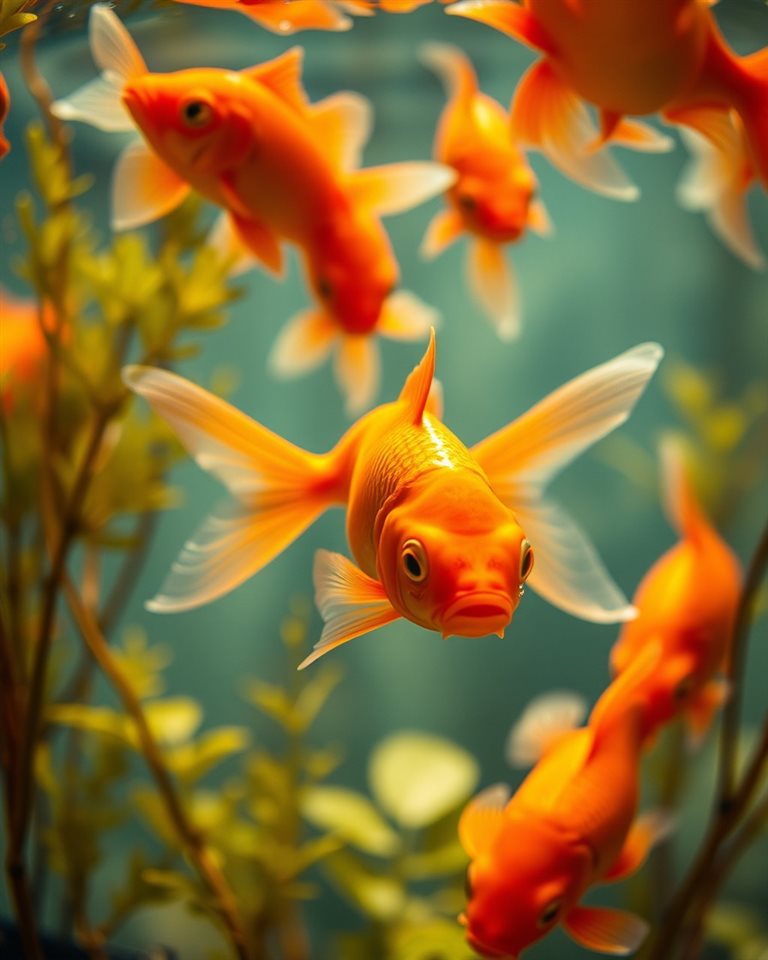 Cinematic film still of Bright orange goldfish swimming gracefully in clear blue water with aquatic plants, close-up detail with shallow depth of field, vivid colors, high contrast, energetic, 4:5 aspect ratio