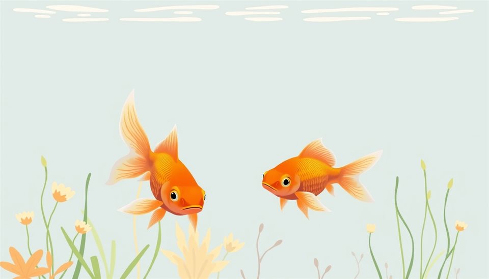 Minimal flat illustration of Bright orange goldfish swimming gracefully in clear blue water with aquatic plants, wide shot with open space at the top for text, soft pastel colors, bright and cozy, 16:9 aspect ratio