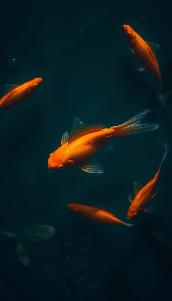 Photorealistic photo of Bright orange goldfish swimming gracefully in clear blue water with aquatic plants, high-angle view from above, moody dark tones, dramatic lighting, 9:16 aspect ratio