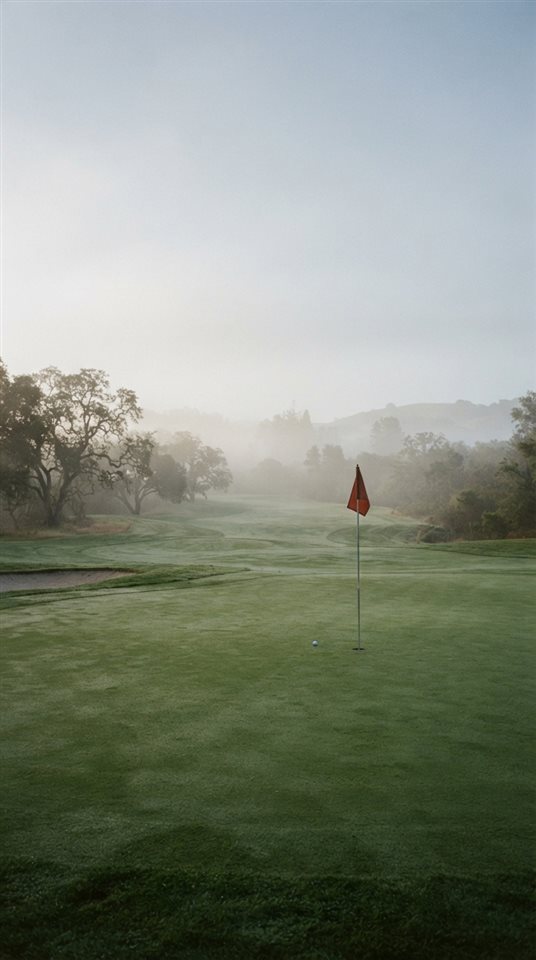 Cinematic film still of a golf course green with a flag, wide shot with open space at the top for text, misty morning haze, dreamy, 9:16 aspect ratio