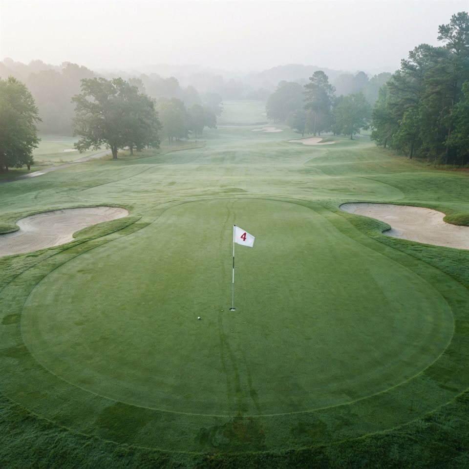 Photorealistic photo of a golf course green with a flag, high-angle view from above, misty morning haze, dreamy, 1:1 aspect ratio