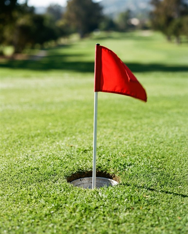 Cinematic film still of a golf course green with a flag, close-up detail with shallow depth of field, vivid colors, high contrast, energetic, 4:5 aspect ratio