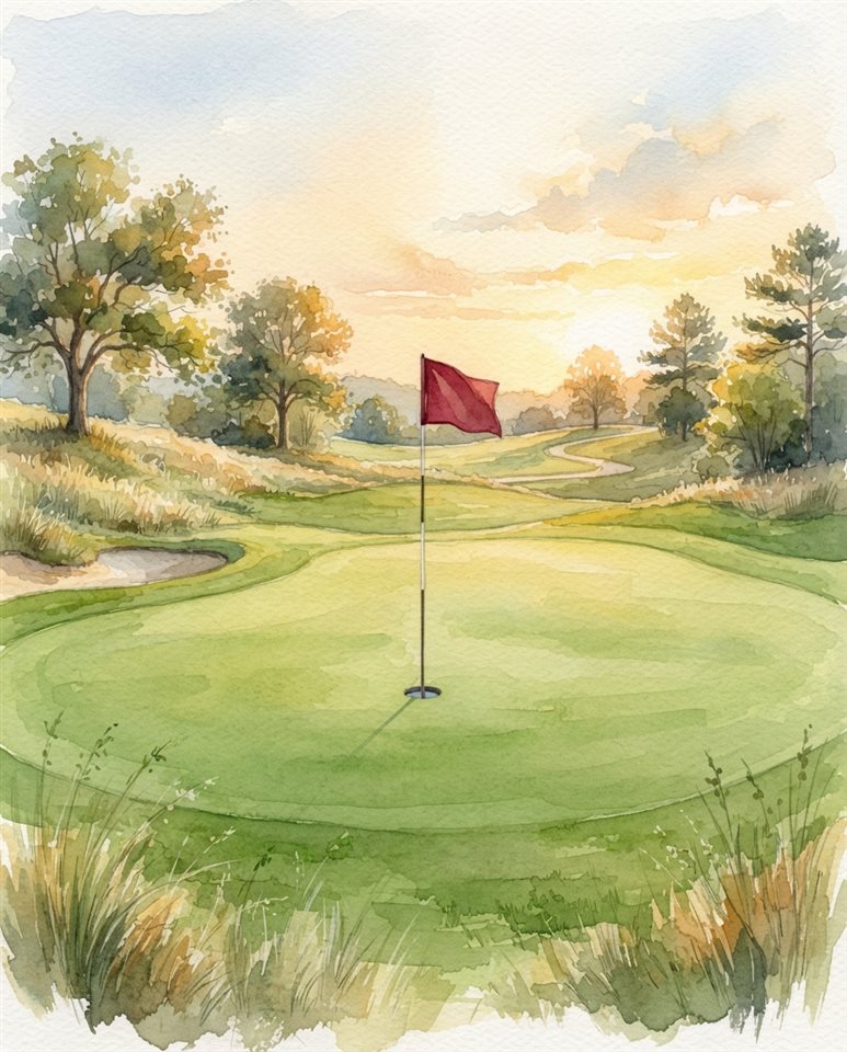 Watercolor illustration of a golf course green with a flag, centered subject with a simple uncluttered composition, warm golden light, calm mood, 4:5 aspect ratio