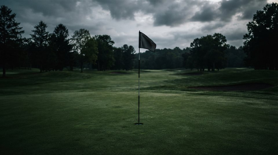 Photorealistic photo of a golf course green with a flag, centered subject with a simple uncluttered composition, moody dark tones, dramatic lighting, 16:9 aspect ratio